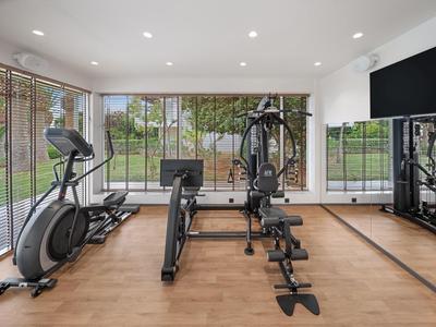 Moderner Fitnessraum mit Cardio- und Kraftgeräten, großem Fenster und Blick ins Grüne.