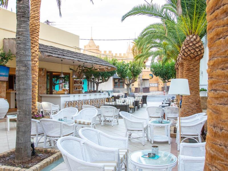 Pohodlná venkovní kavárna s bílými židlemi, stoly a palmami.