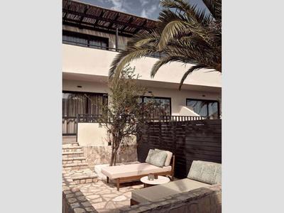 Moderner Außenbereich mit hellen Steinfliesen, Holzmöbeln und Palmen unter klarem Himmel.