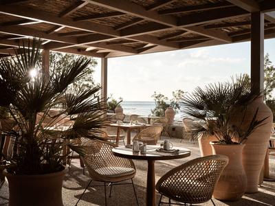 Covered terrace with tables, chairs, and large plants overlooking the sea.