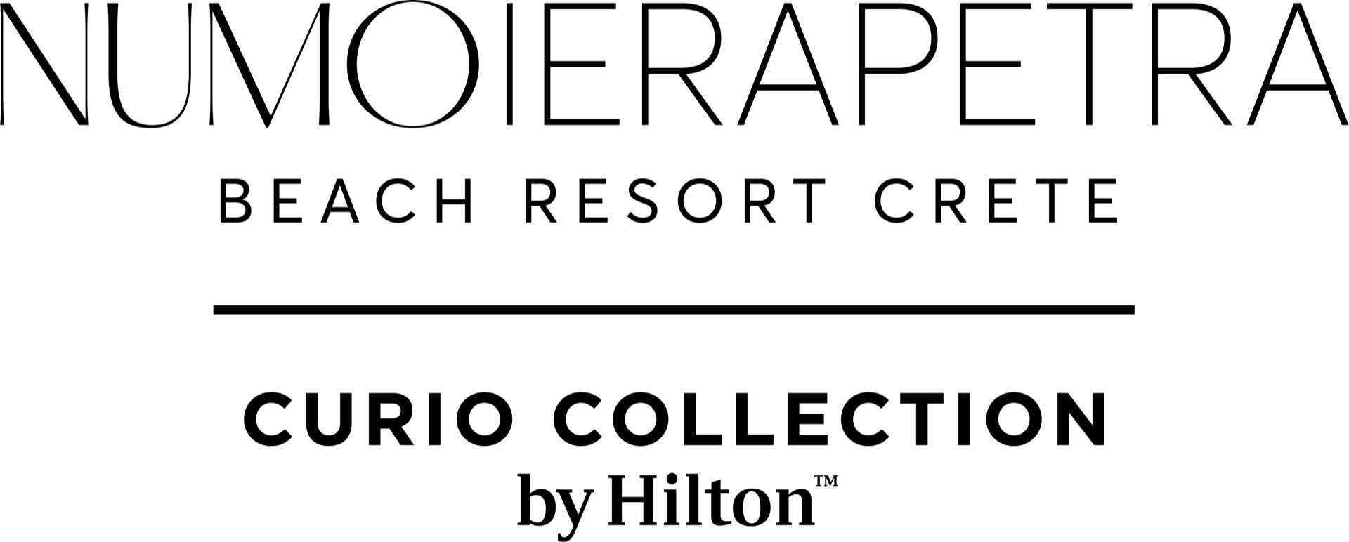 Schwarzer Text auf weißem Hintergrund mit Schriftlogo und Angaben zum Strandresort auf Kreta.