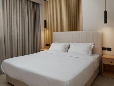 Modern hotel room with large bed, wooden accent wall, and simple nightstands.