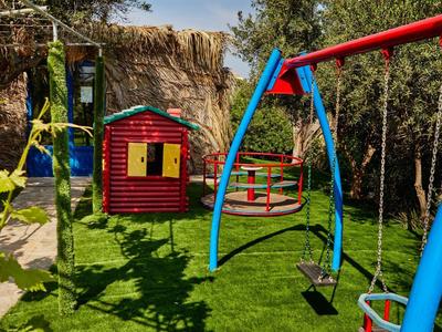 Kinderspielplatz mit bunten Spielsachen, Schaukeln und Klettergerüst auf grünem Rasen unter blauem Himmel.