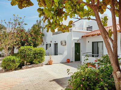 Weiße Ferienhäuser mit Bäumen und Sträuchern im sonnigen Gartenbereich.