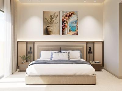 Habitación de hotel moderna con cama grande, dos obras de arte y diseño minimalista.