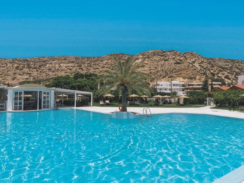 Groot blauw zwembad met palmbomen en heuvels op de achtergrond op een zonnige dag