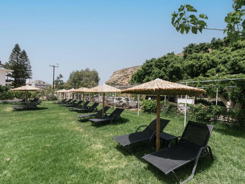 Groen grasveld met stro parasols en zwarte ligstoelen onder een heldere hemel.