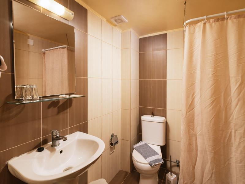 Kleine badkamer met wastafel, toilet en beige douchegordijn.