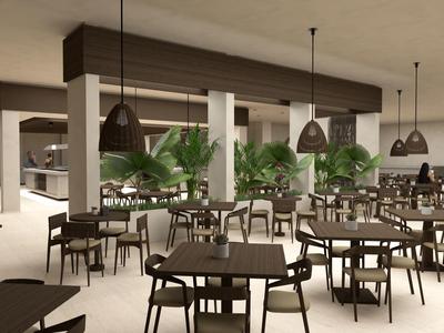 Modern café interior with tables, chairs, and green plants in a bright space.