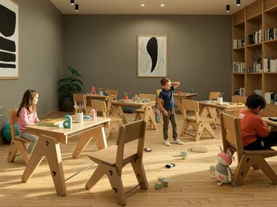 Hell erleuchteter Raum mit Holzstühlen und Tischen, in dem Kinder spielen und entspannen.