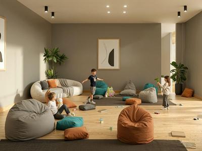 Helles Wohnzimmer mit gemütlichen Sitzsäcken, moderner Kunst und Pflanzen, ideal für entspannte Ferien.