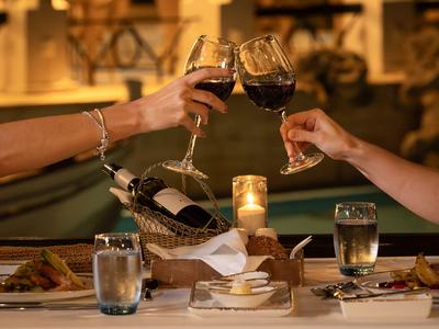 Twee personen proosten met wijn tijdens een gezellige diner.