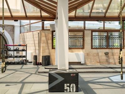 Lichte sportschool met groot houten dak, plyobox en fitnessapparatuur in hotelruimte.