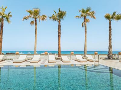 Zwembadgedeelte met ligstoelen en palmbomen met uitzicht op zee op een zonnige dag