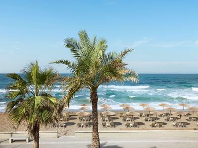 Strand mit zwei Palmen, Sand, vielen Sonnenschirmen und welligem blauem Meer im Hintergrund.
