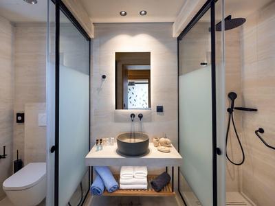 Modernes Badezimmer mit begehbarer Dusche, Waschbecken auf der Theke und Toilette.