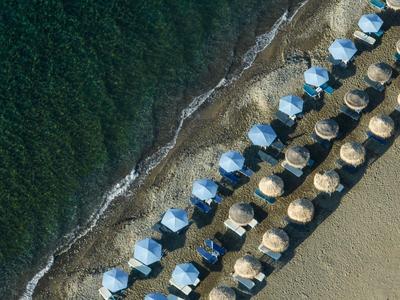 Spiaggia con ombrelloni blu e di paglia in fila vicino all'acqua.
