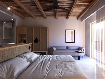 Camera moderna con letto matrimoniale, divano, balcone e soffitto in legno.