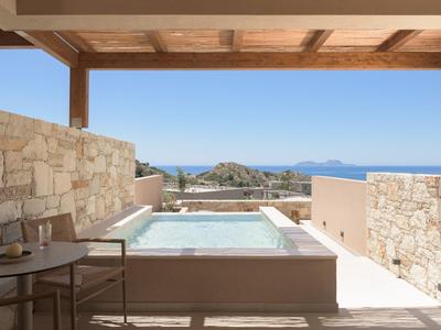 Terrazza con piscina e vista mare, incorniciata da muri in pietra e tetto in legno.