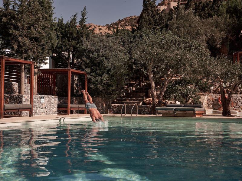 Persona che si tuffa in una piscina circondata da alberi e strutture in legno.