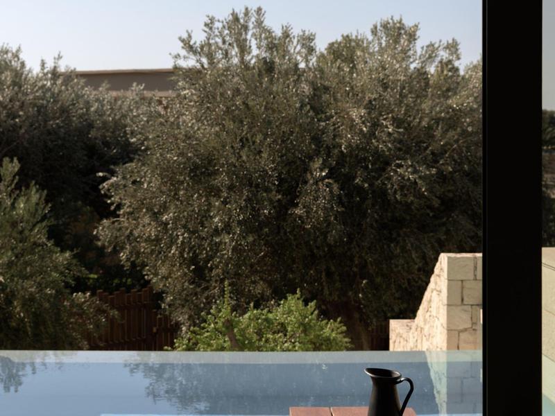 Piscina a sfioro con vista su alberi e terrazza in legno con brocca e ciotola.