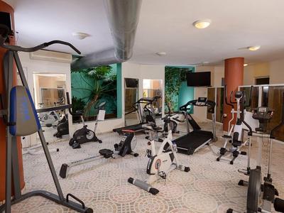 Hell beleuchteter Fitnessraum mit verschiedenen Trainingsgeräten und großen Fenstern.