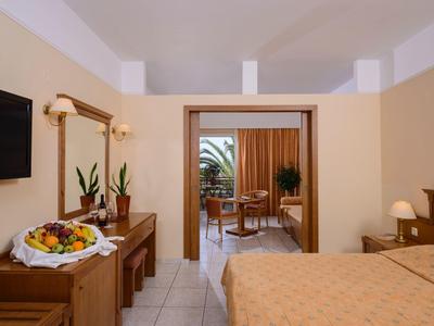 Helles Hotelzimmer mit Doppelbett, Fernseher, Holzmöbeln und Balkon mit Pflanzen und Gartenausblick.