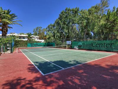 Campo da tennis con superficie verde e aree esterne rosse circondato da alberi e palme.