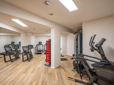 Modern gym with various exercise machines and bright wooden flooring.