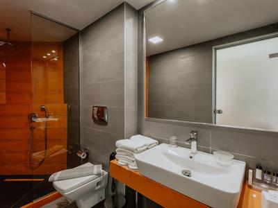 Moderní hotelová koupelna s velkým zrcadlem, obdélníkovým umyvadlem a skleněnou sprchou s dřevěnou stěnou.