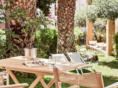Cozy wooden bench in garden with palm trees, drink, and book on the table.