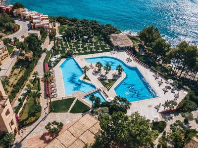 Aerial view of a resort with a hexagonal pool, palm trees, and ocean in the background.