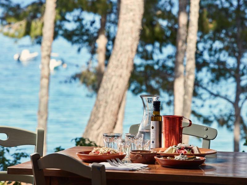 Table with wine, glasses, and appetizers outdoors with trees and sea view.