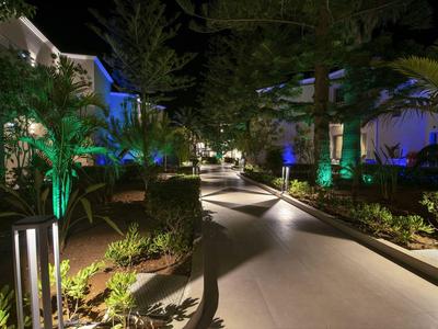 Un sentiero da giardino illuminato tra aiuole piantate in un'area dell'hotel di notte.