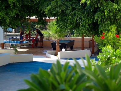 Grüner Garten mit großen Bäumen, Blumen und einer überdachten Terrasse im Hintergrund.