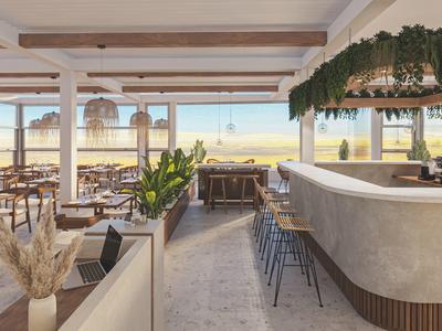 Helles Café mit großem Fenster, modernem Tresen und vielen Sitzplätzen, Pflanzen und Holzelementen.