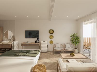 Modernes, helles Wohnzimmer mit Holzparkett, grauer Couch, TV, Pflanzen und Zugang zu Balkon.
