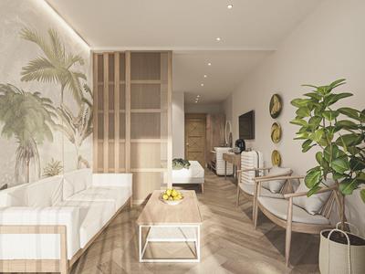 Moderner Wohnraum mit hellen Holzmöbeln, großer Pflanze, Wandbild und gemütlicher Sofa-Ecke.