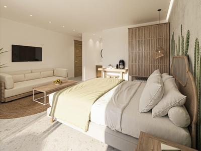 Helles Schlafzimmer mit großem Bett, Sofa, Schreibtisch, Pflanzen und modernem TV an der Wand.