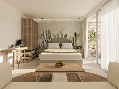 Modernes Schlafzimmer mit großem Bett, Kakteentapete, Holzmöbeln und viel Tageslicht durch Glasschiebewände.