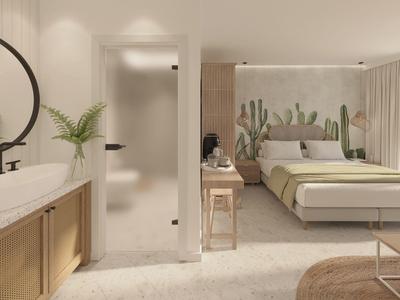 Modern eingerichtetes Schlafzimmer mit großem Bett, Kakteendekor, Holzmöbeln und hellen Wänden.