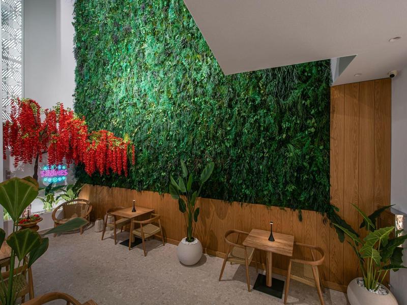 Interno moderno con parete di piante verdi, mobili in legno e piante sospese.