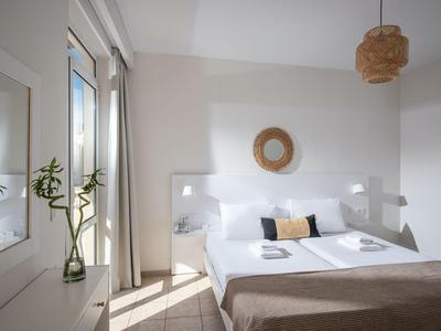 Camera luminosa con letto matrimoniale, pareti bianche e decorazioni naturali.