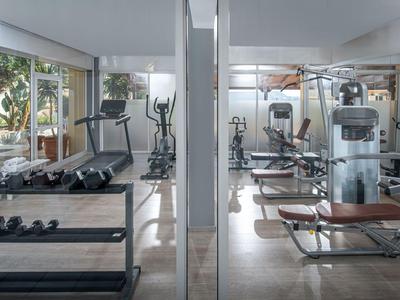 Una palestra moderna con varie attrezzature per esercizi e pesi in una stanza luminosa.