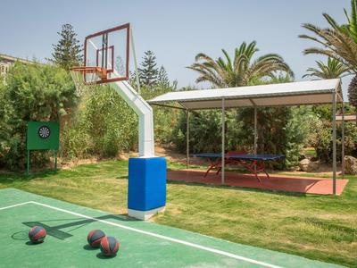 Buitenbasketbalveld met groene vloer en halters naast een overdekte zithoek met palmbomen op de achtergrond.