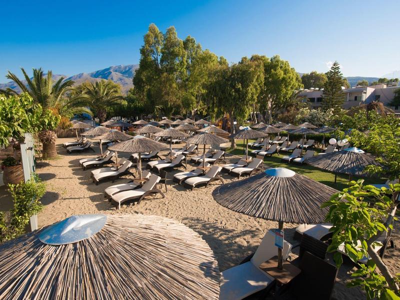 Zewnętrzny basen hotelowy z leżakami i słomianymi parasolami otoczony zielenią.