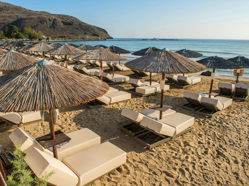 Leżaki z parasolami z trzciny starannie ułożone na piaszczystej plaży nad morzem.