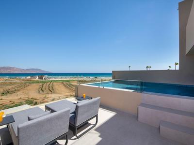 Modern terrace with lounge furniture and infinity pool overlooking the sea