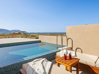 Moderner Außenpool mit Liegesofa, Holztisch und Landschaft im Hintergrund bei blauem Himmel.