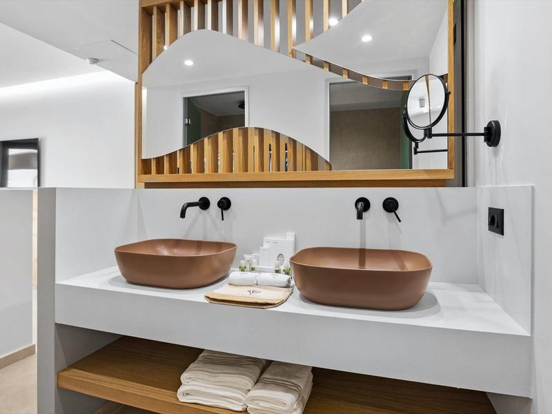 Modernes Badezimmer mit zwei braunen Aufsatzwaschbecken und großem Spiegel darüber.